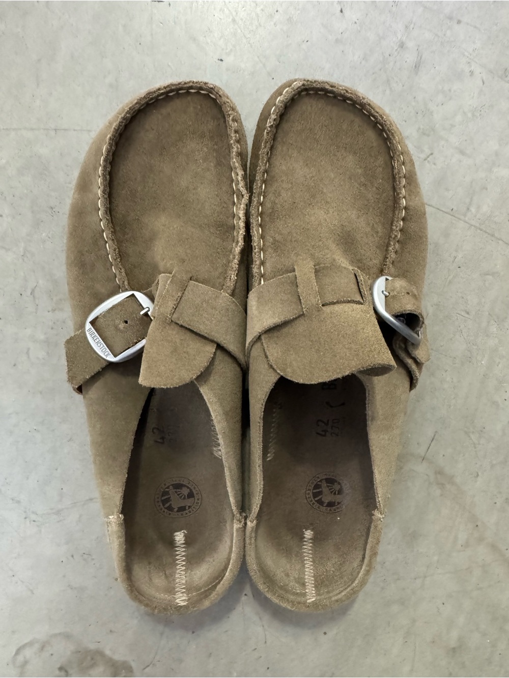 Birkenstock Suede Buckle Clog Slides in Tan